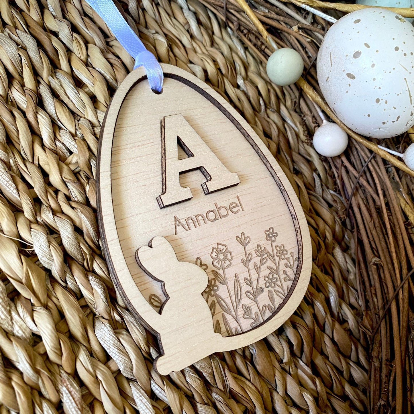 Easter Basket tag personalised wooden with floral design with name and initial