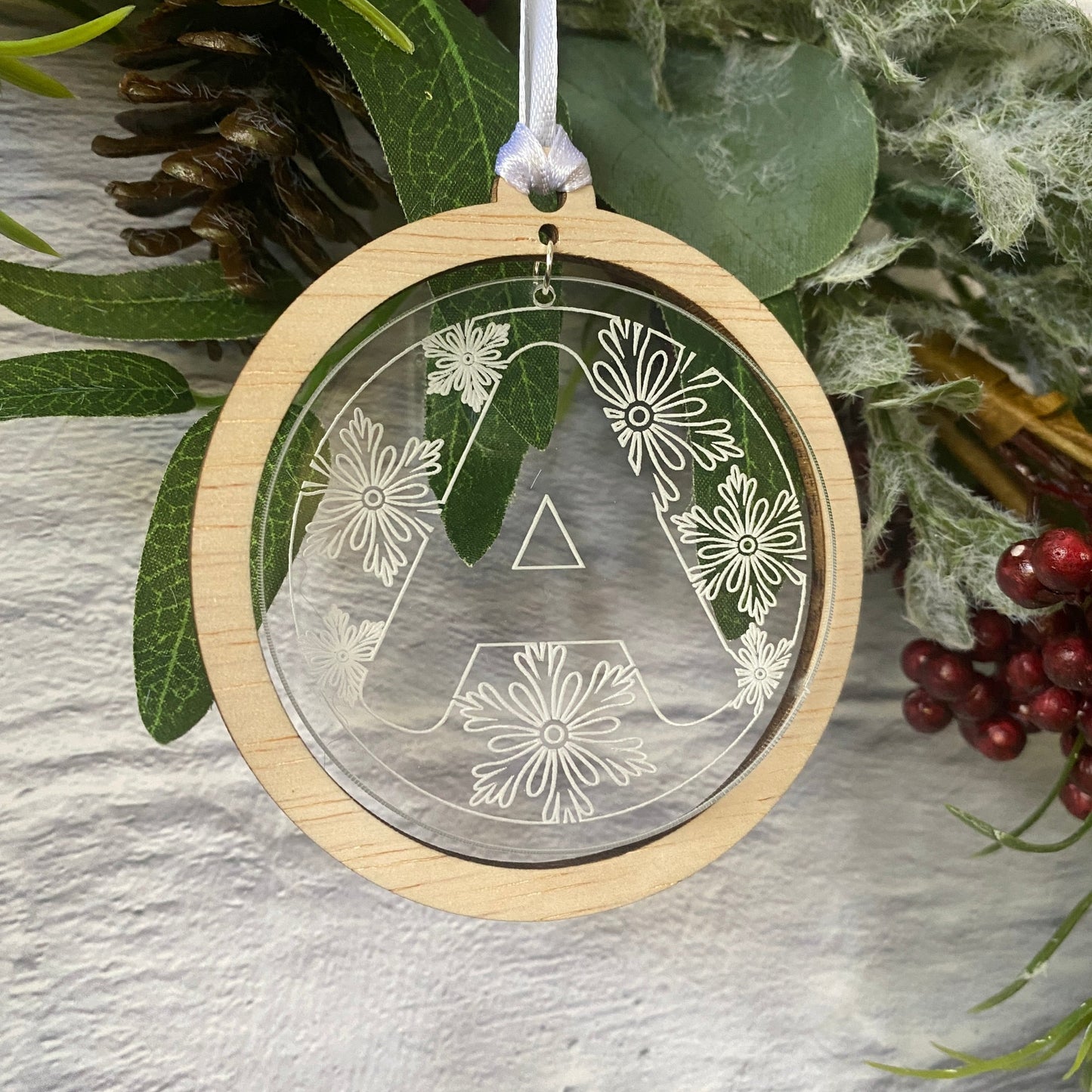 Christmas Ornament - Engraved initial disc in wooden hoop
