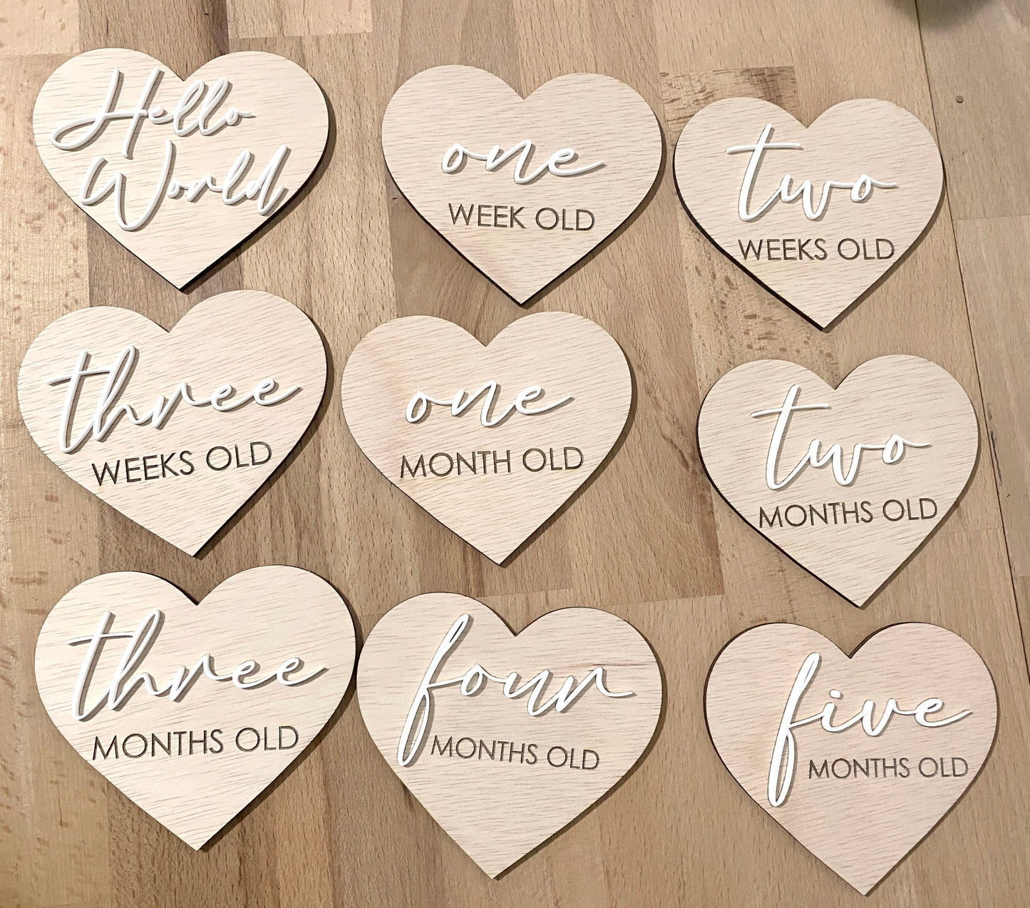 Baby Milestone Discs - Heart Shaped - Laser engraved with acrylic
