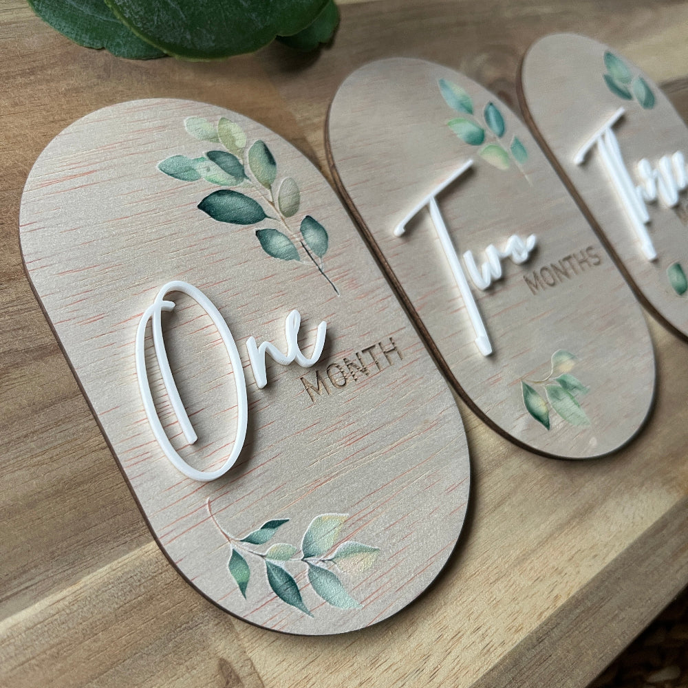 Baby Milestone Discs – UV Printed Wooden Oval Set - Botanicals