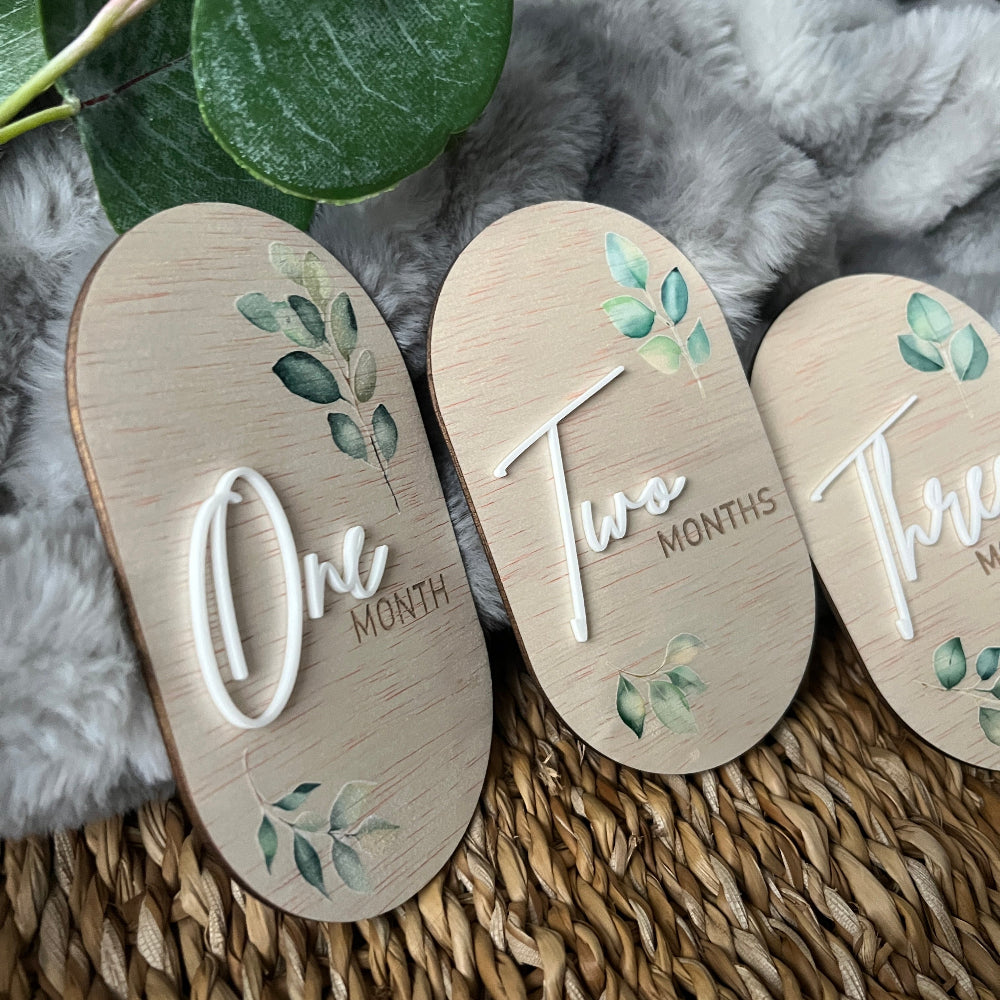 Baby Milestone Discs – UV Printed Wooden Oval Set - Botanicals