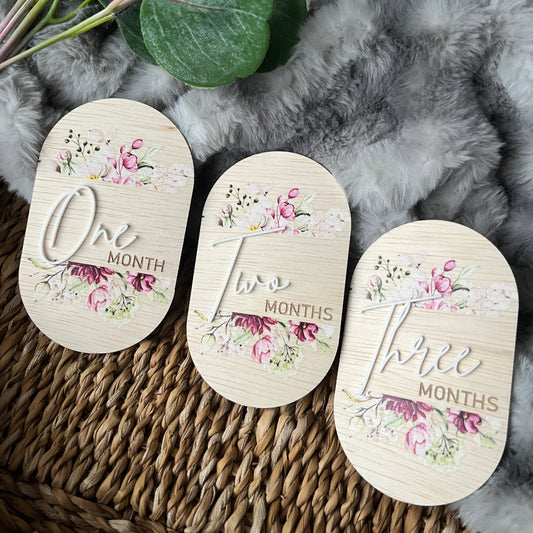 Baby Milestone Discs – UV Printed Wooden Oval Set - Pretty Florals