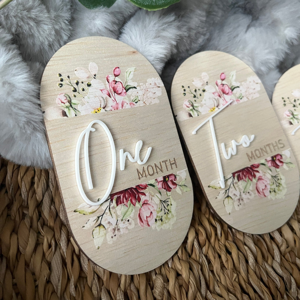 Baby Milestone Discs – UV Printed Wooden Oval Set - Pretty Florals