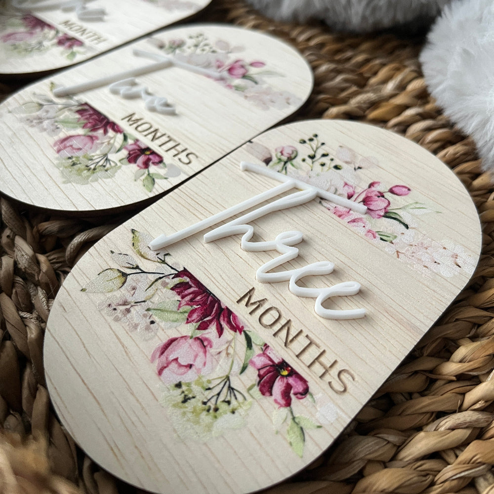 Baby Milestone Discs – UV Printed Wooden Oval Set - Pretty Florals