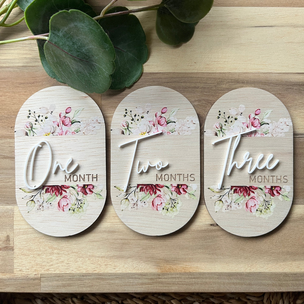 Baby Milestone Discs – UV Printed Wooden Oval Set - Pretty Florals
