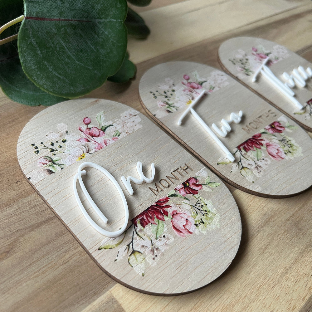 Baby Milestone Discs – UV Printed Wooden Oval Set - Pretty Florals